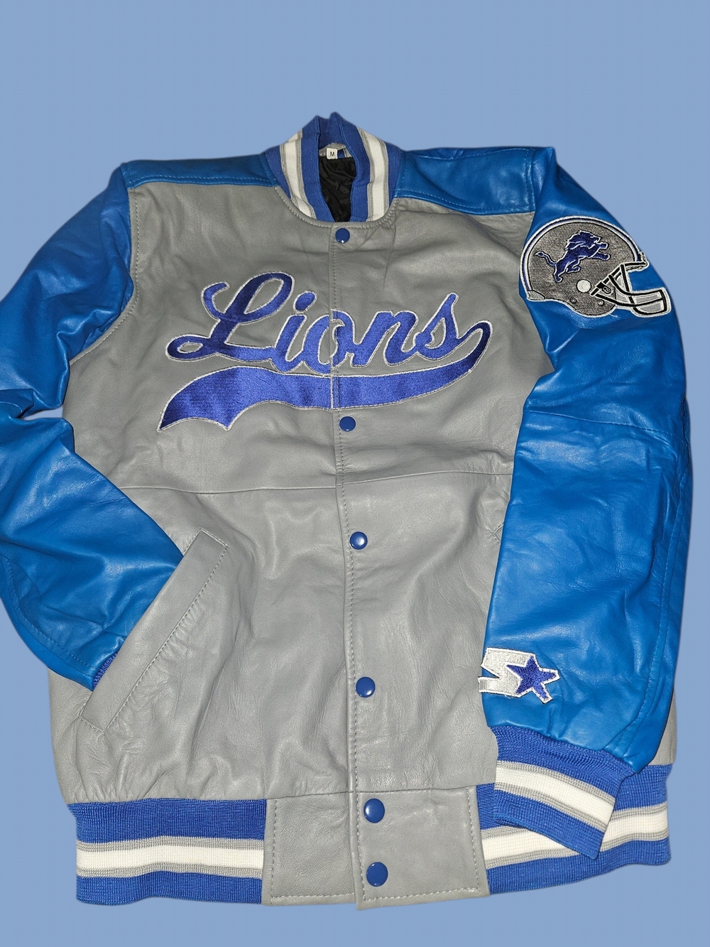 Detroit Lions Retro Gray and Blue Varsity Bomber Jacket Vintage Inspired Medium
